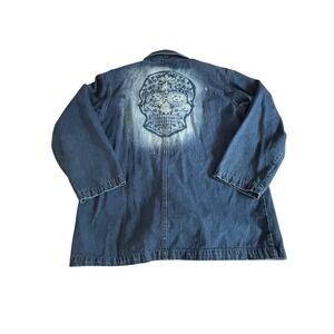 Dark Wash Denim Barn Jacket Bleached Sugar Skull Graphic Chore Coat Blue